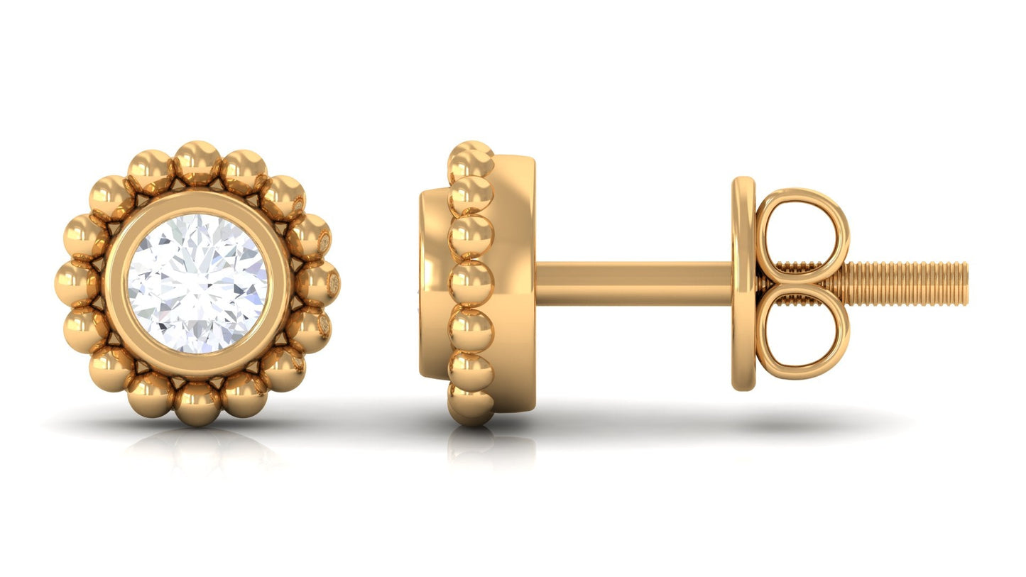 Real Diamond Solitaire Stud Earrings with Beaded Detail
