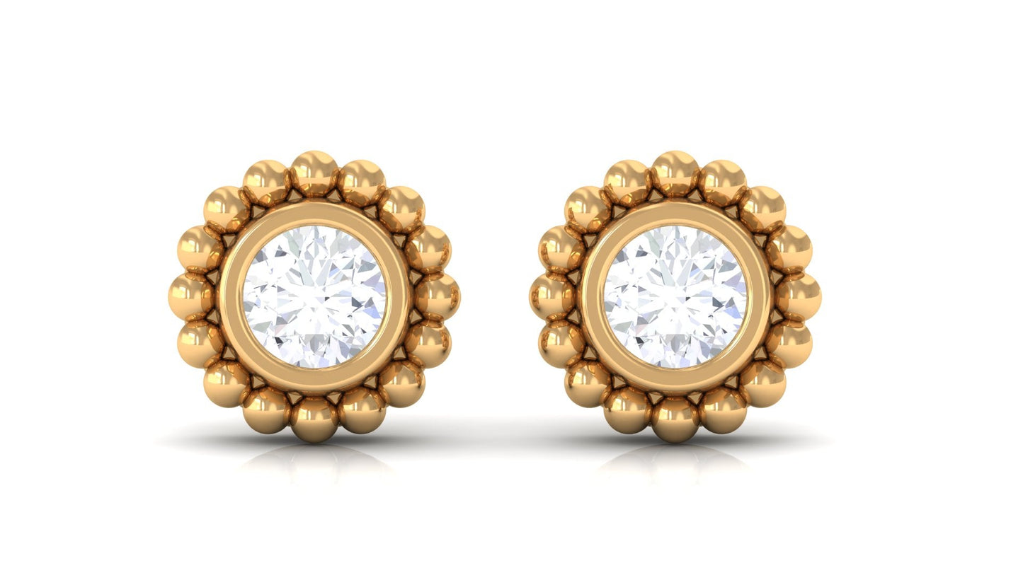 Real Diamond Solitaire Stud Earrings with Beaded Detail
