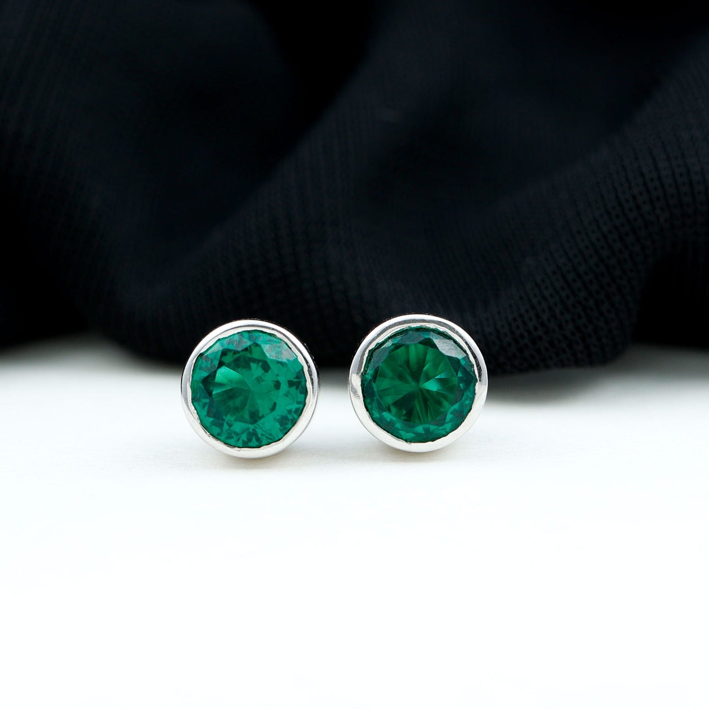 Bezel Set Lab Grown Emerald Solitaire Stud Earrings