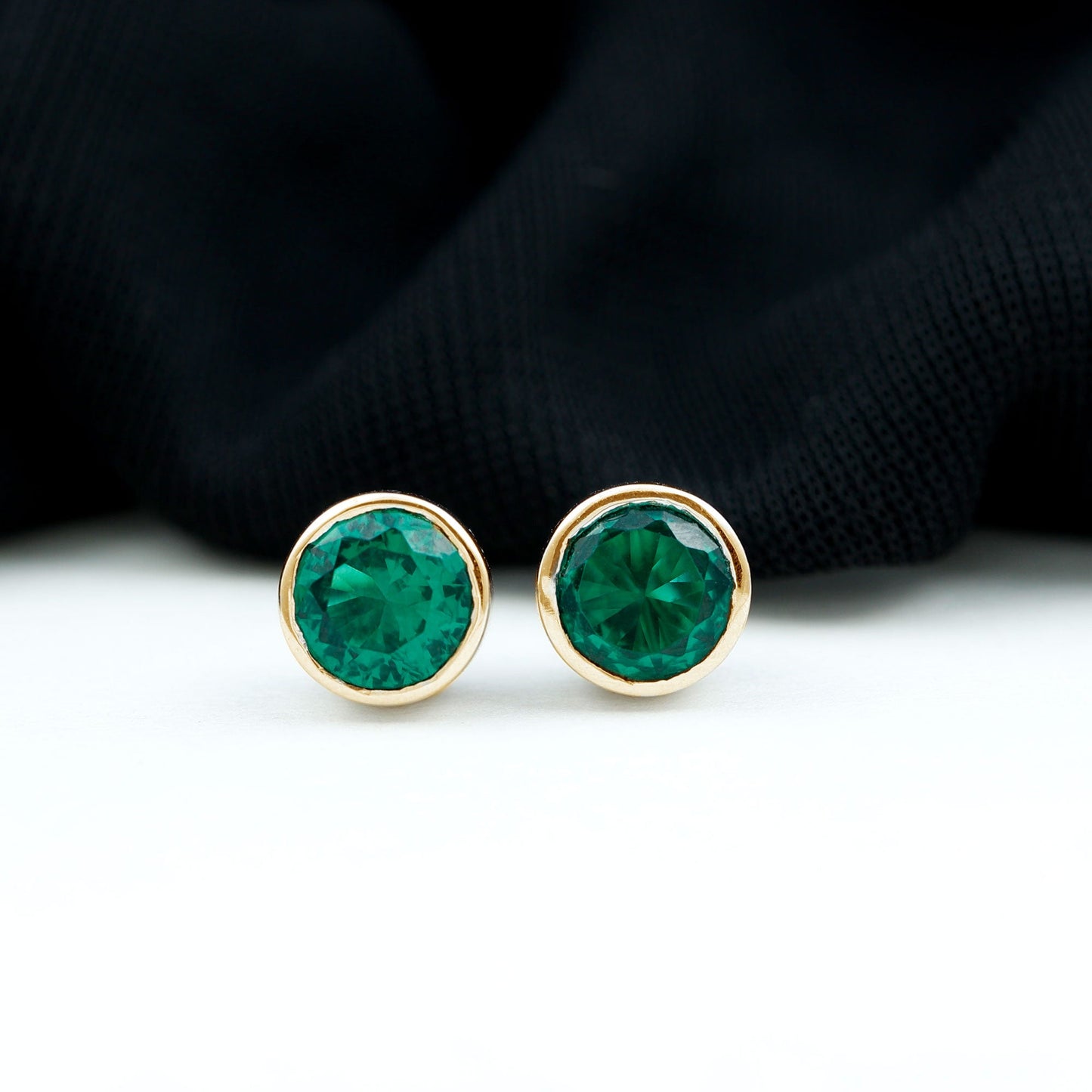 Bezel Set Lab Grown Emerald Solitaire Stud Earrings