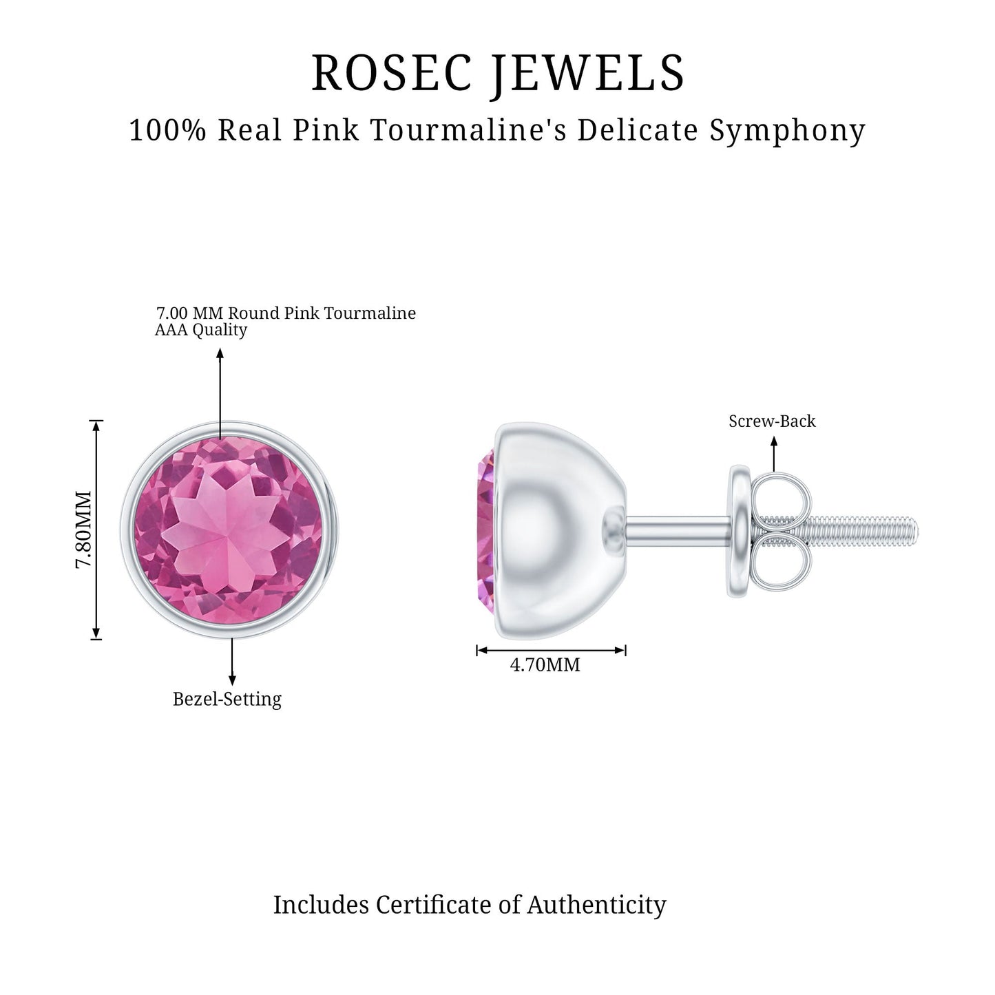 Natural 2.4 Carat Pink Tourmaline Stud Earrings with Screw Back