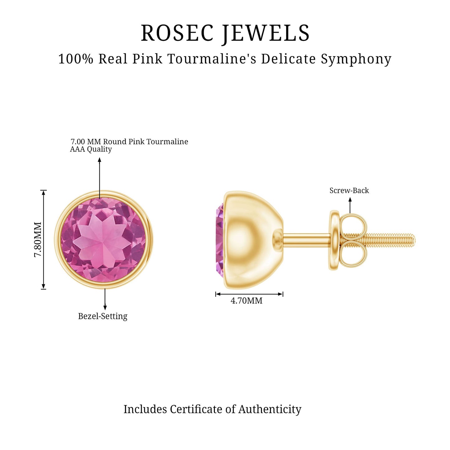 Natural 2.4 Carat Pink Tourmaline Stud Earrings with Screw Back