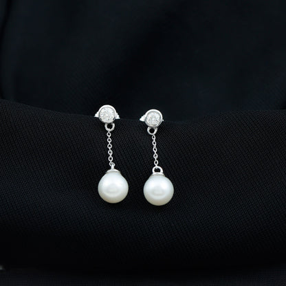 6 Carat Freshwater Pearl and Diamond Chain Drop Earrings
