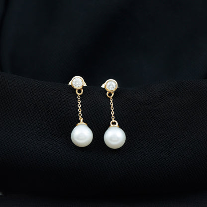 6 Carat Freshwater Pearl and Diamond Chain Drop Earrings