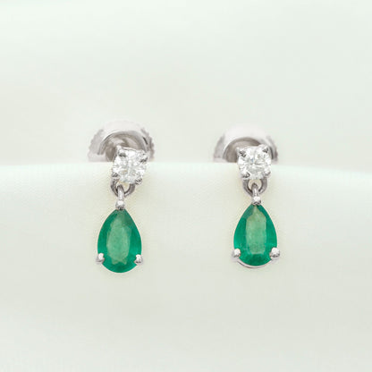 Certified Emerald and Diamond Bridal Teardrop Earrings