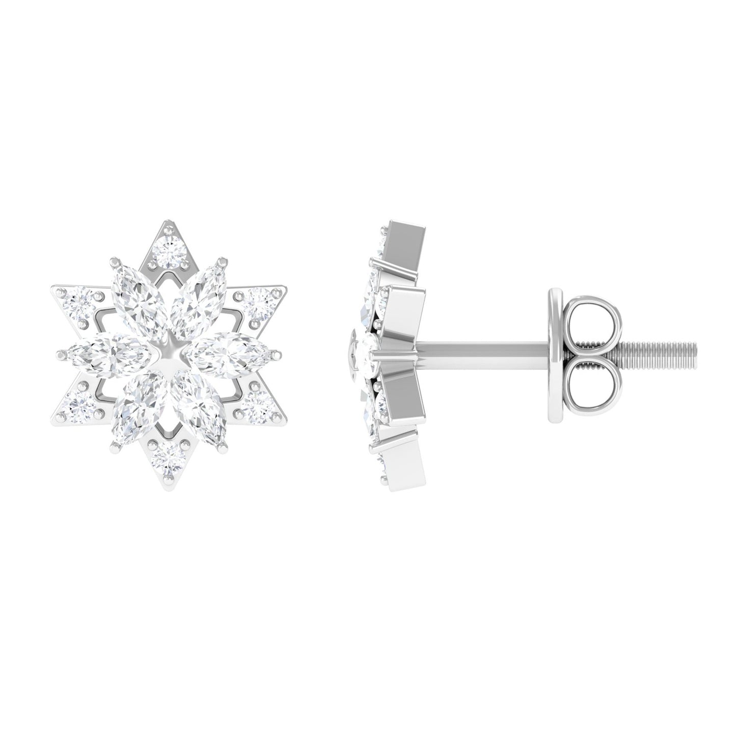 Round Diamond Flower Stud Earrings With Screw Back