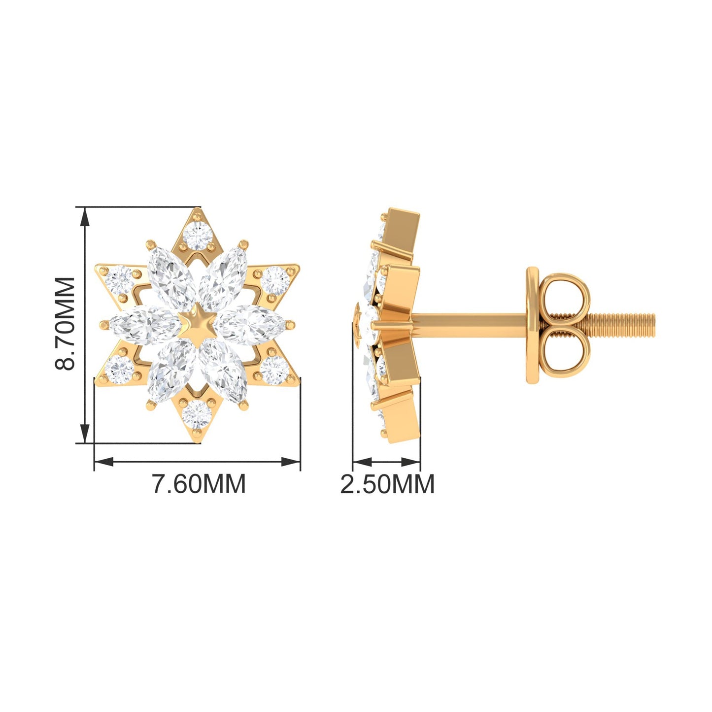 Round Diamond Flower Stud Earrings With Screw Back