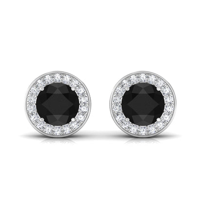 Natural Black Onyx Stud Earrings with Diamond Halo