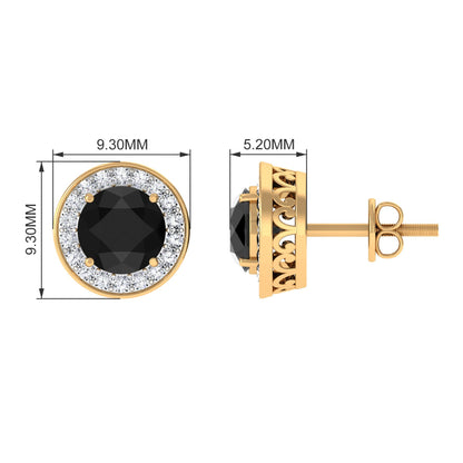 Natural Black Onyx Stud Earrings with Diamond Halo