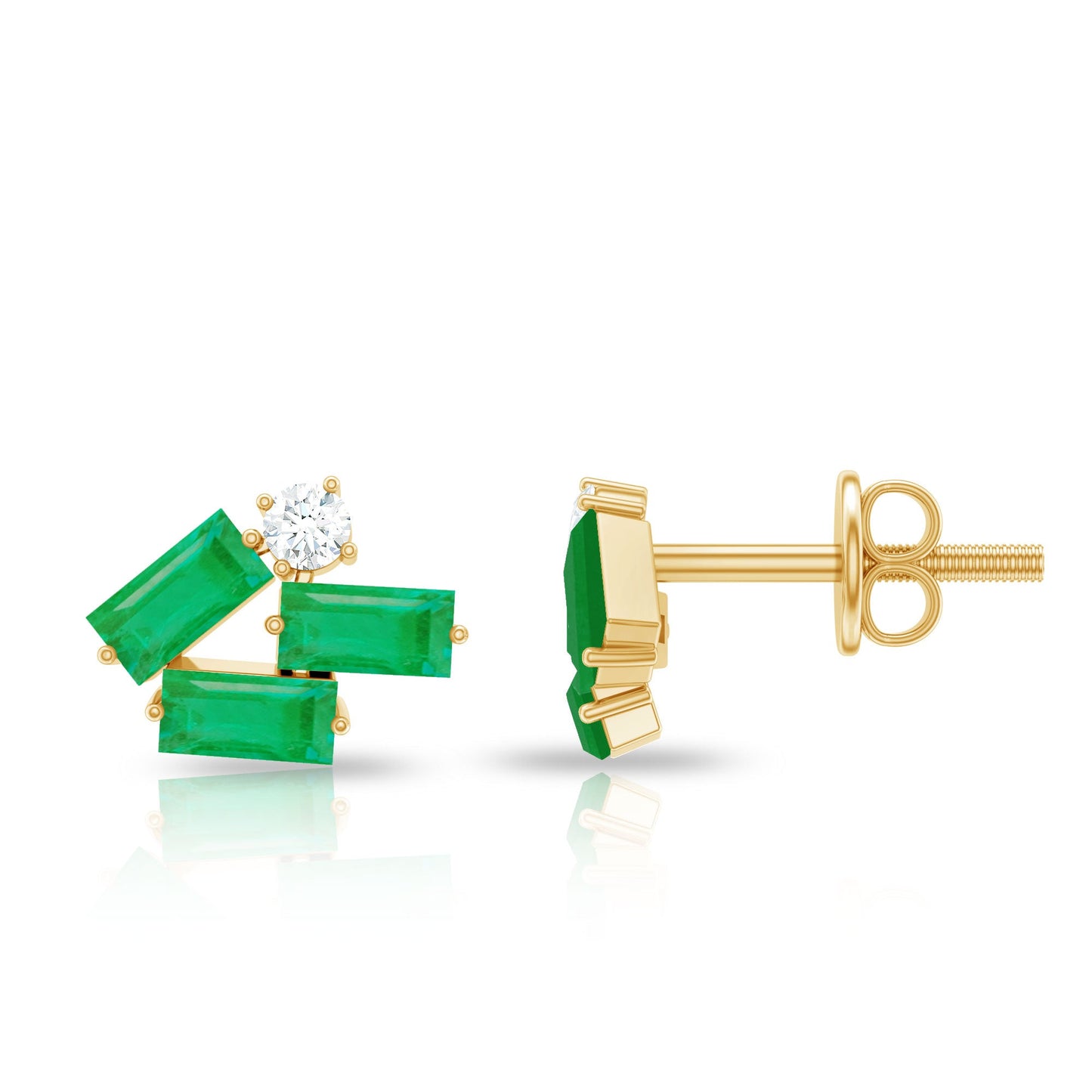 Baguette Cut Emerald and Diamond Cluster Stud Earrings
