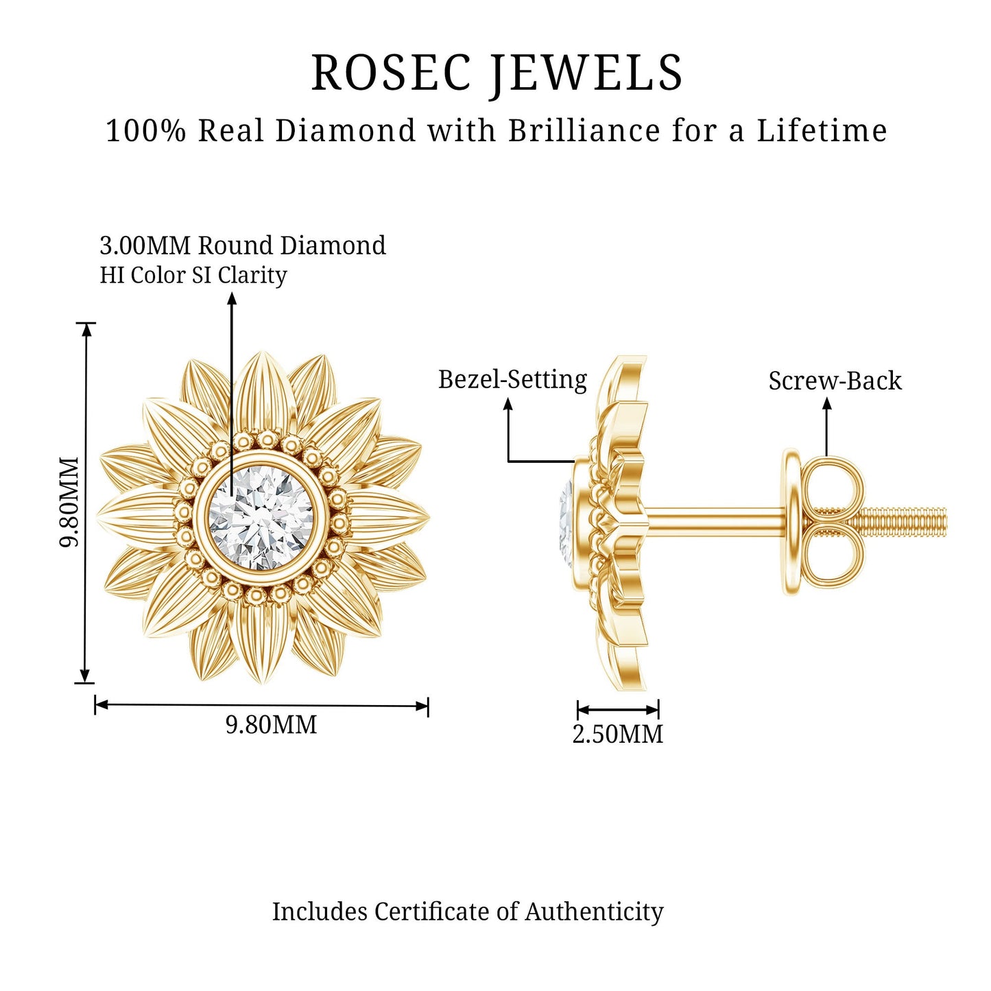 Diamond Sunflower Stud Earrings For Her