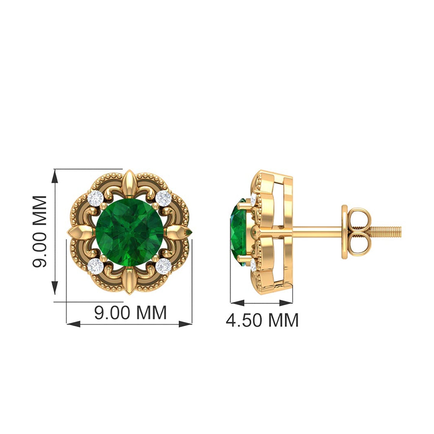 Vintage Inspired Emerald Diamond Earrings with Screw Back