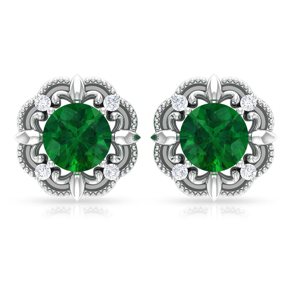 Vintage Inspired Emerald Diamond Earrings with Screw Back