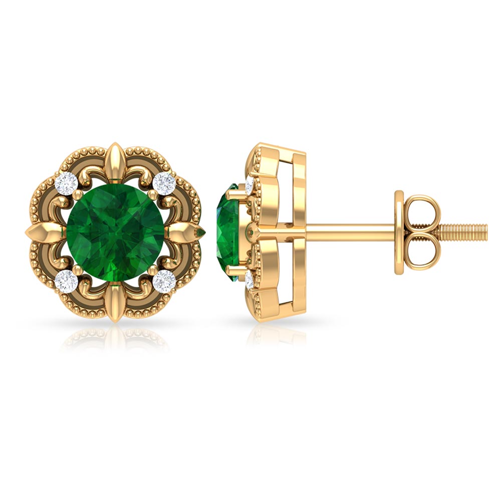Vintage Inspired Emerald Diamond Earrings with Screw Back