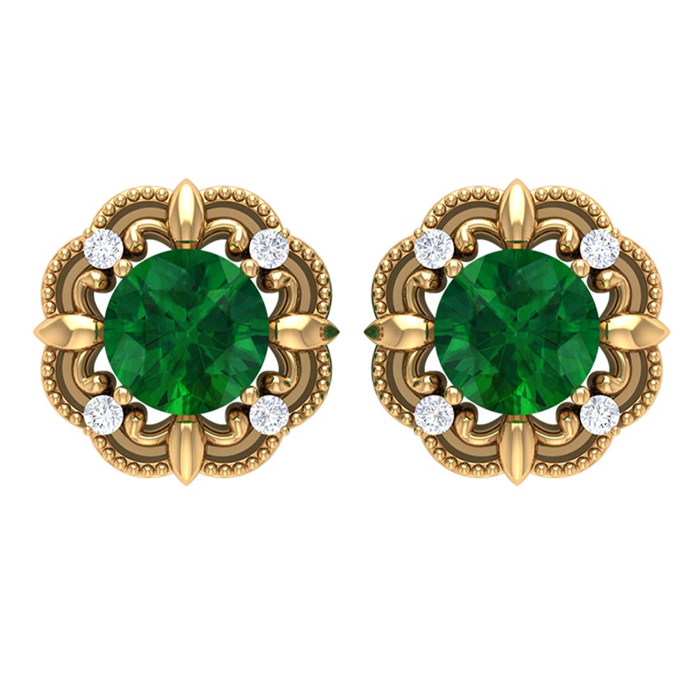 Vintage Inspired Emerald Diamond Earrings with Screw Back