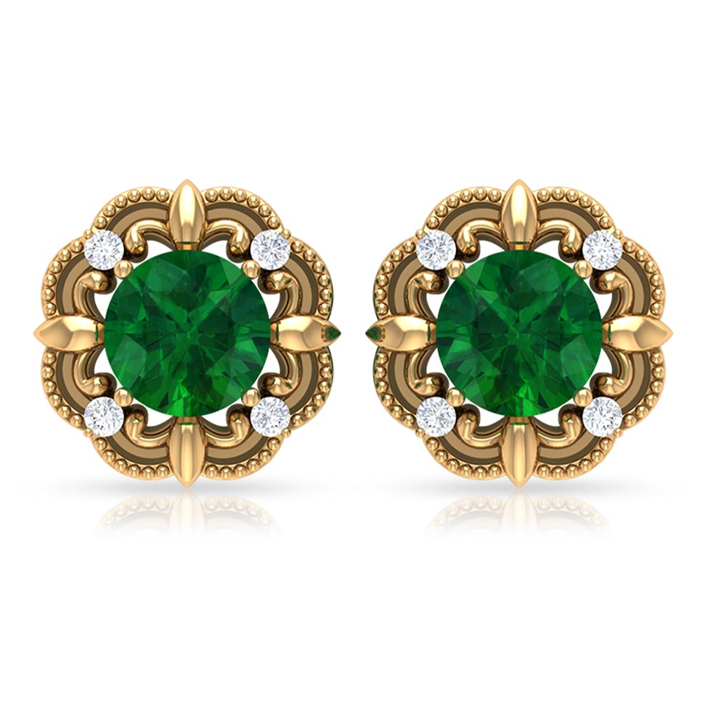 Vintage Inspired Emerald Diamond Earrings with Screw Back