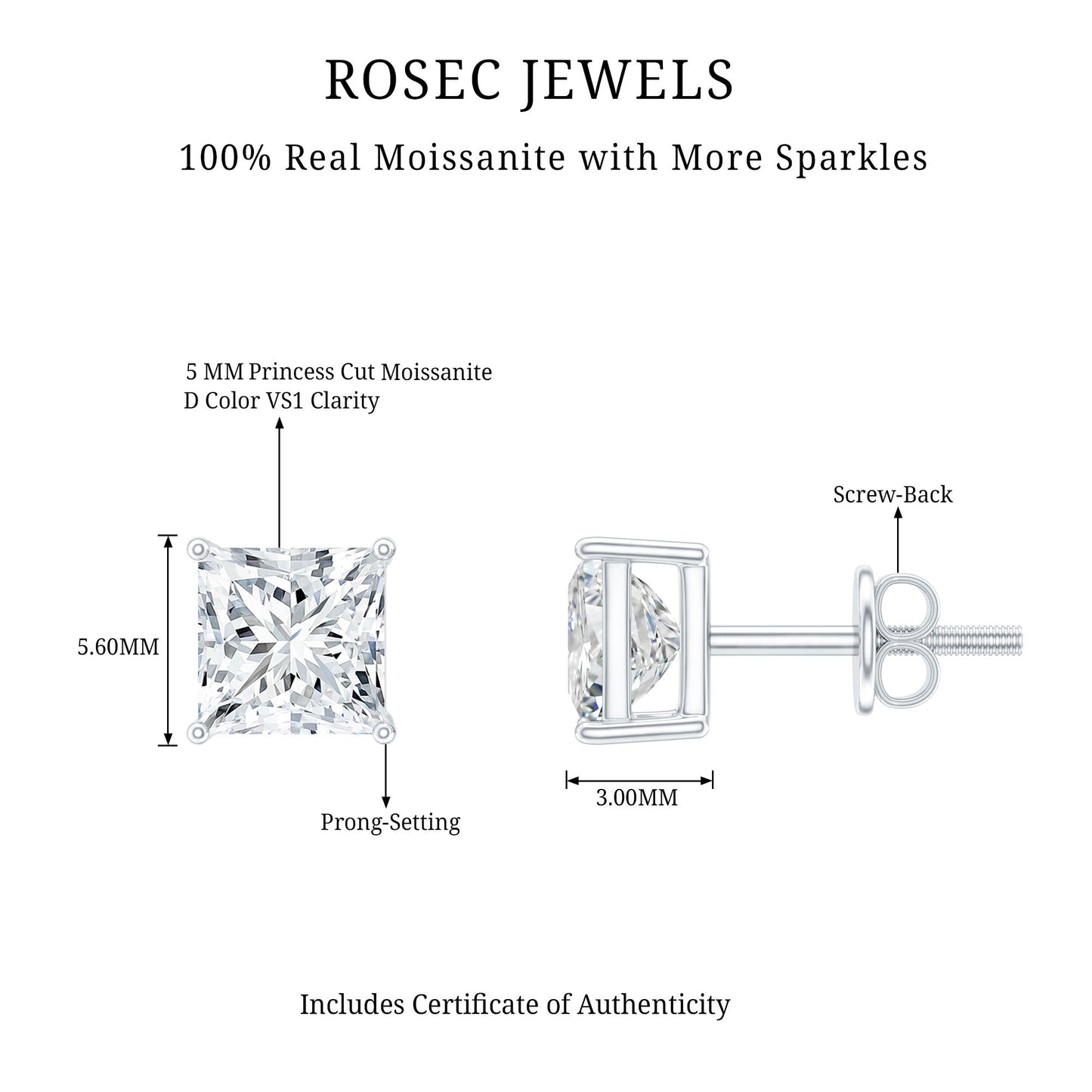 Princess Cut Moissanite Solitaire Stud Earrings for Women