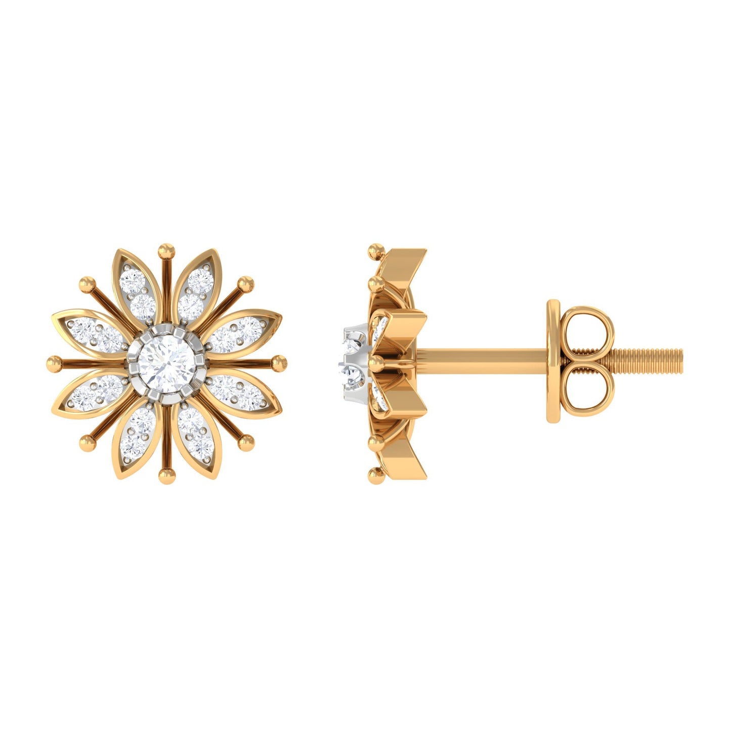 Natural Diamond Flower Stud Earrings with Screw Back