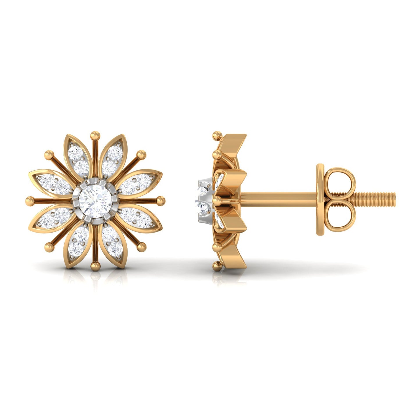 Natural Diamond Flower Stud Earrings with Screw Back
