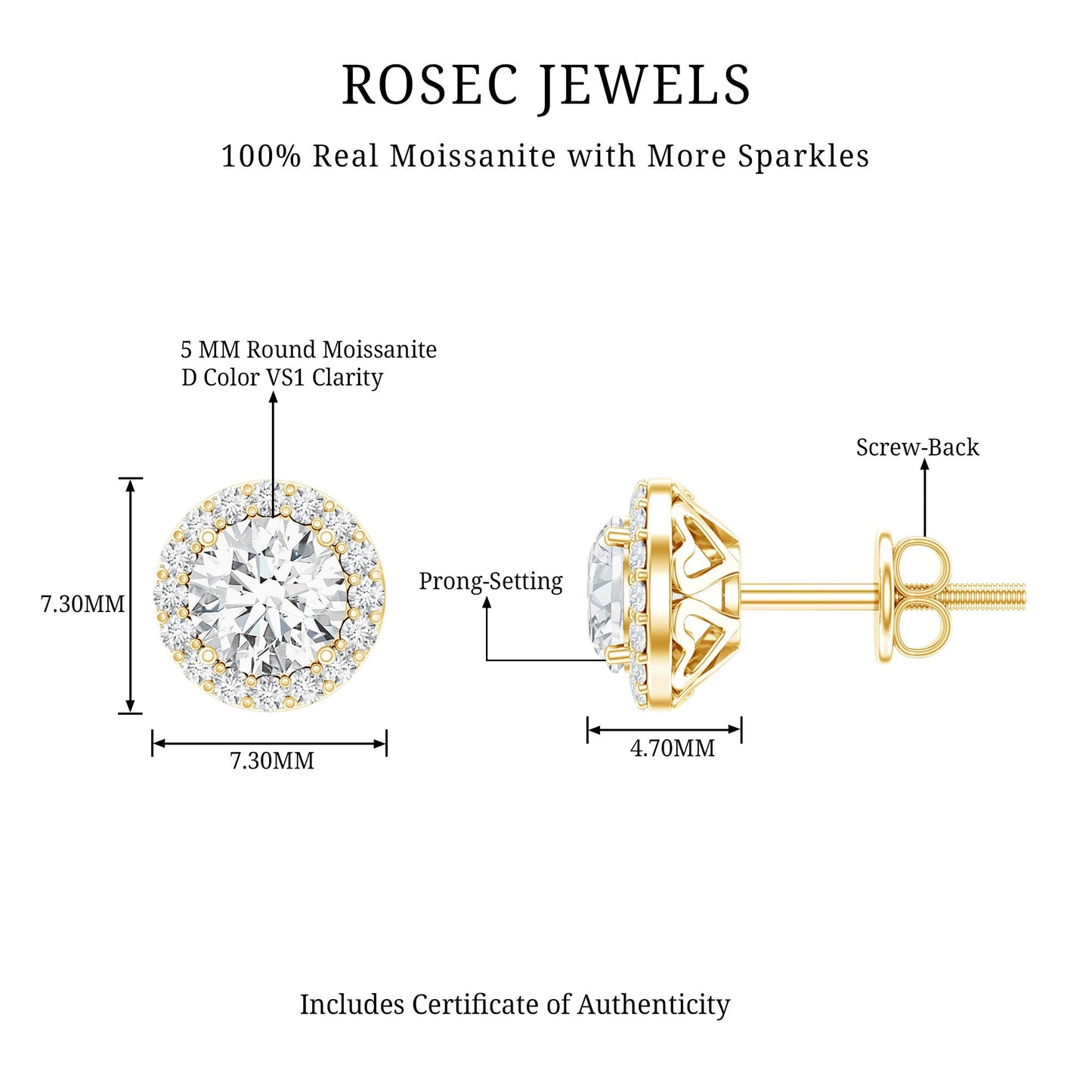 Certified Moissanite Halo Stud Earrings with Screw Back