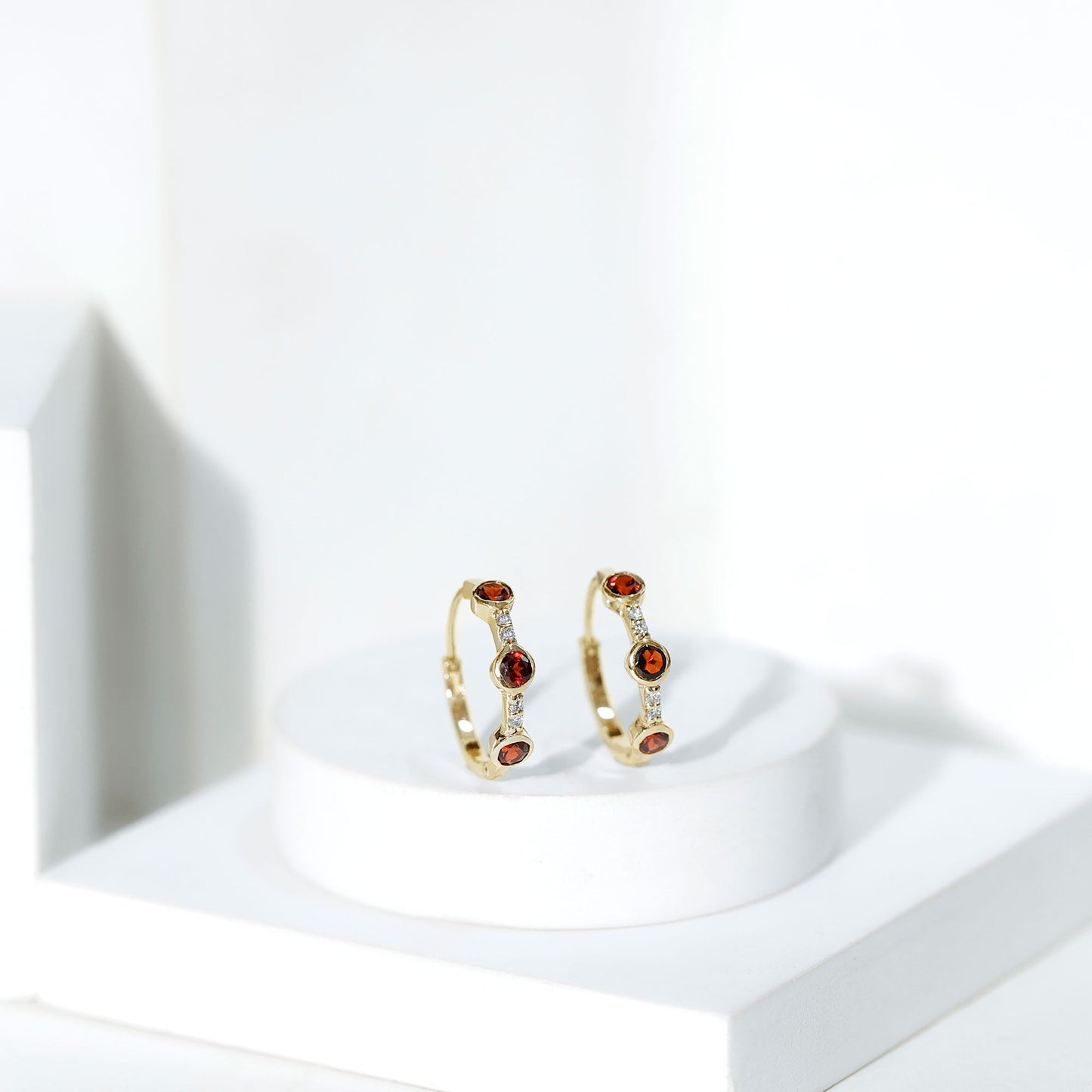 Bezel Set Garnet and Diamond Hinged Hoop Earrings