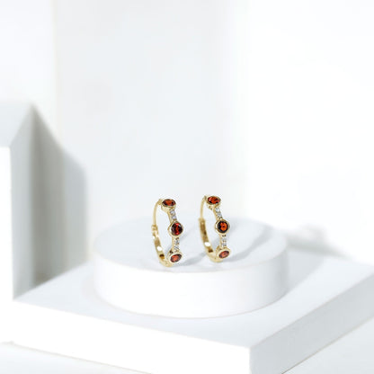 Bezel Set Garnet and Diamond Hinged Hoop Earrings
