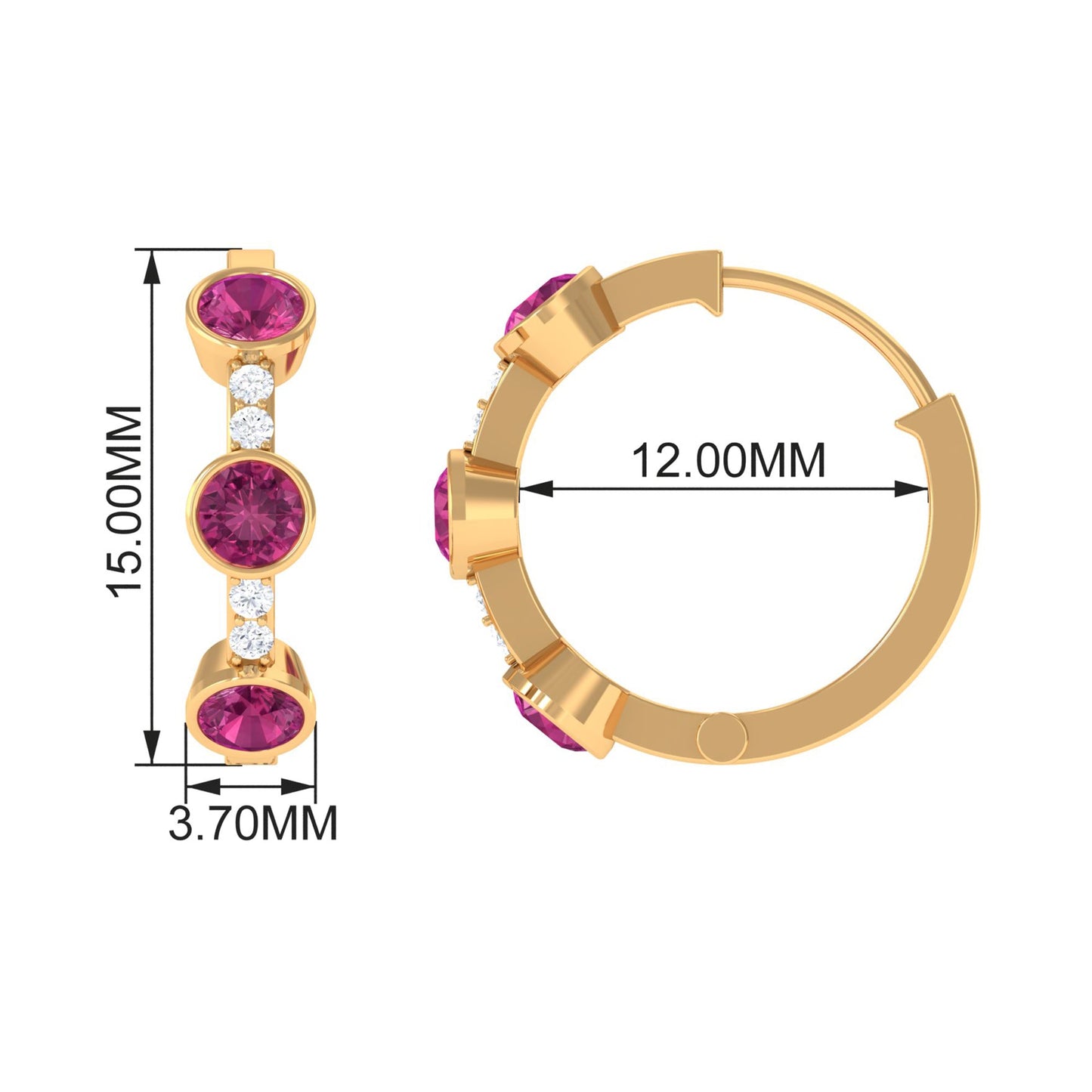 Bezel Set Pink Tourmaline Hinged Hoop Earrings with Diamond
