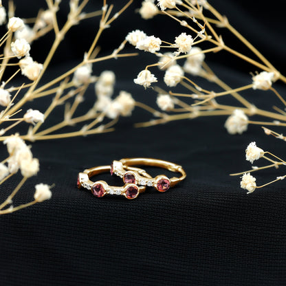 Bezel Set Pink Tourmaline Hinged Hoop Earrings with Diamond