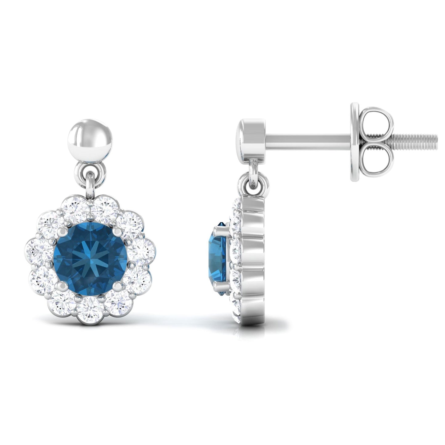 1.2 Carat Real London Blue Topaz and Diamond Flower Halo Drop Earrings