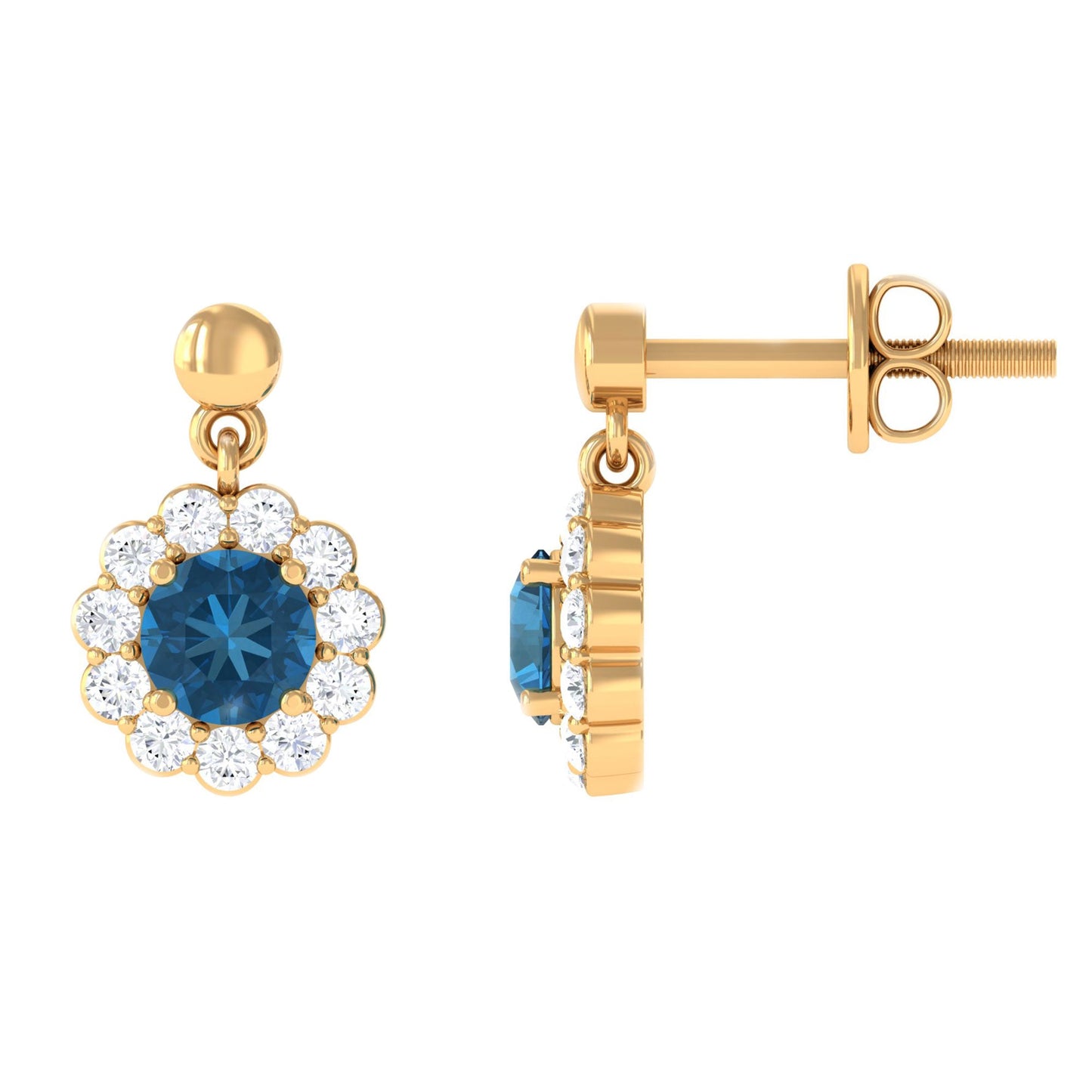 1.2 Carat Real London Blue Topaz and Diamond Flower Halo Drop Earrings