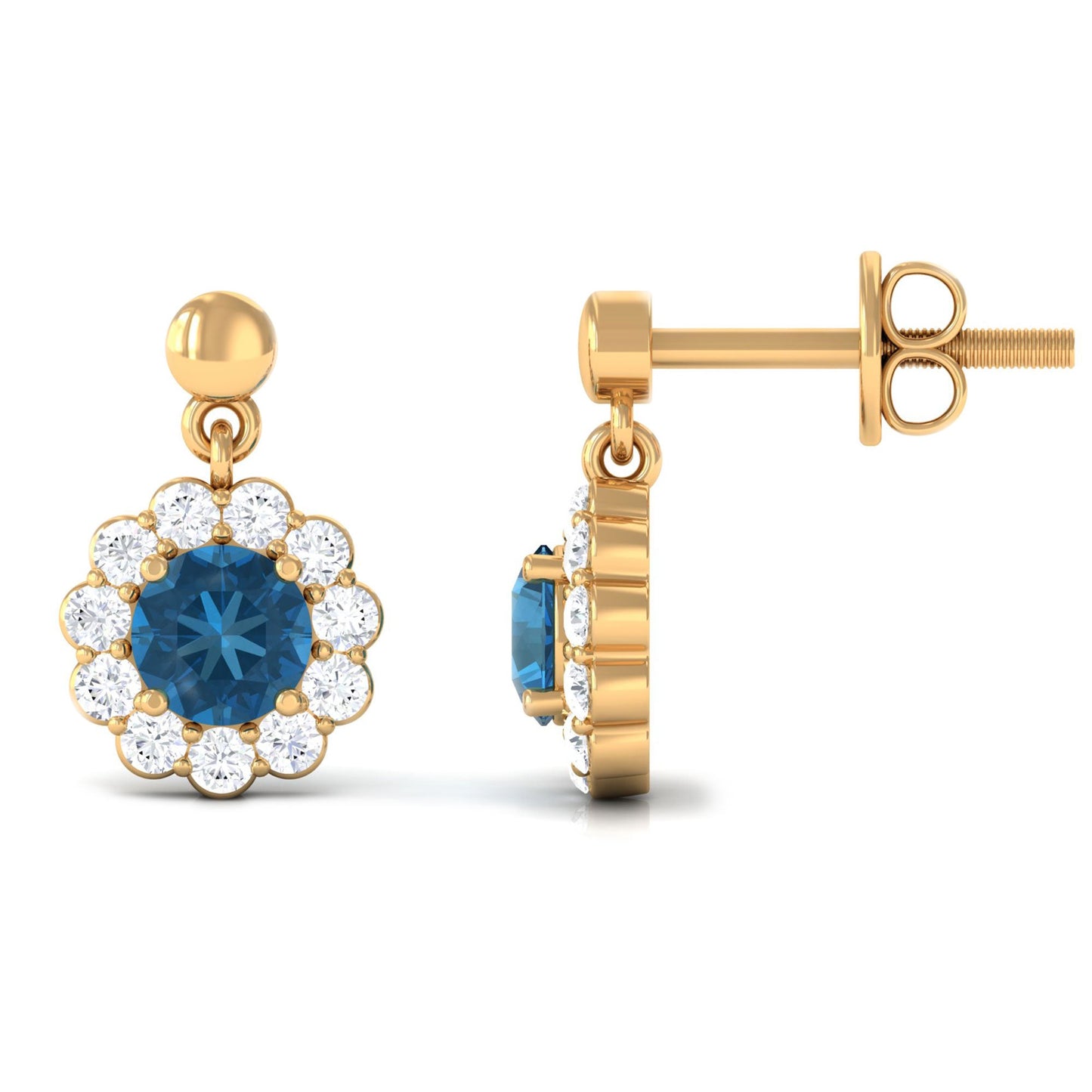 1.2 Carat Real London Blue Topaz and Diamond Flower Halo Drop Earrings