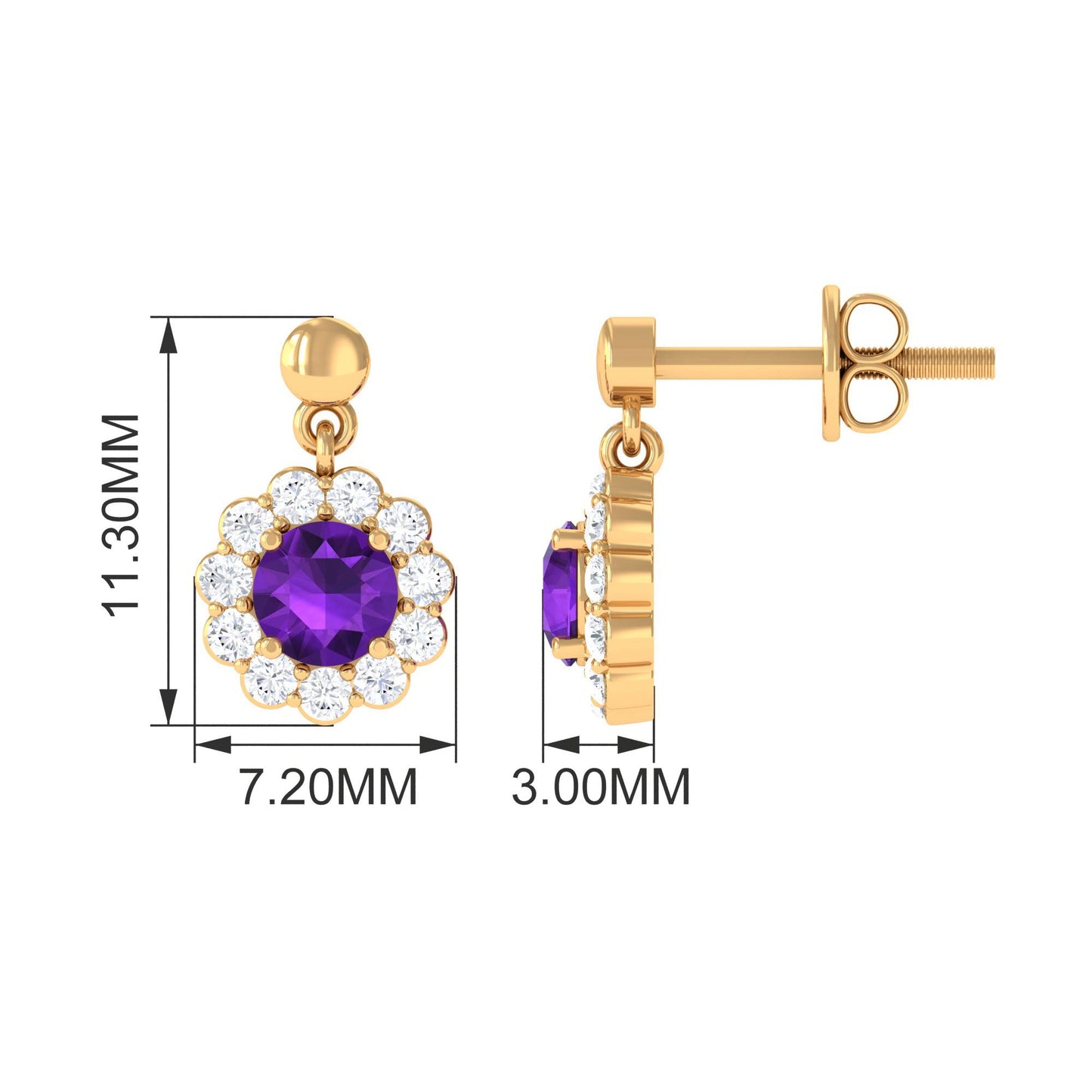 0.9 Carat Real Amethyst and Diamond Flower Halo Drop Earrings
