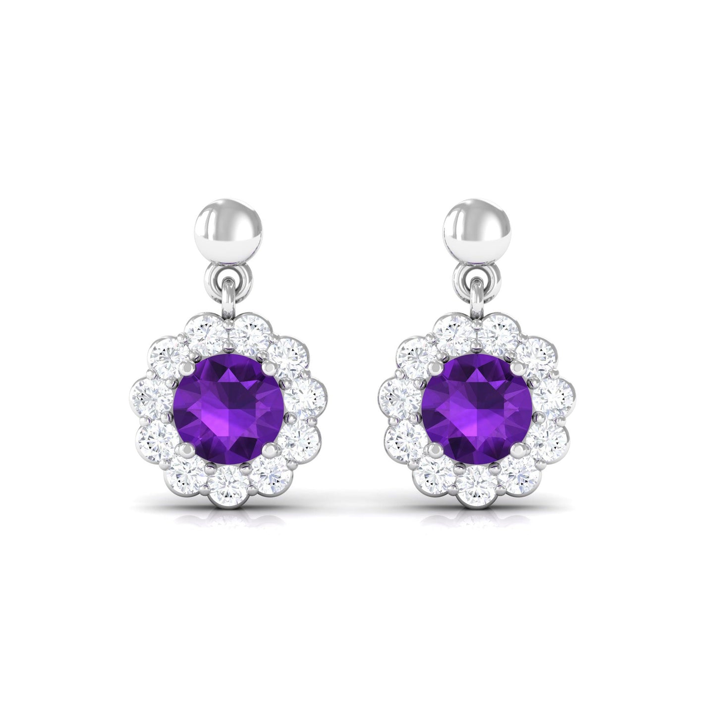 0.9 Carat Real Amethyst and Diamond Flower Halo Drop Earrings