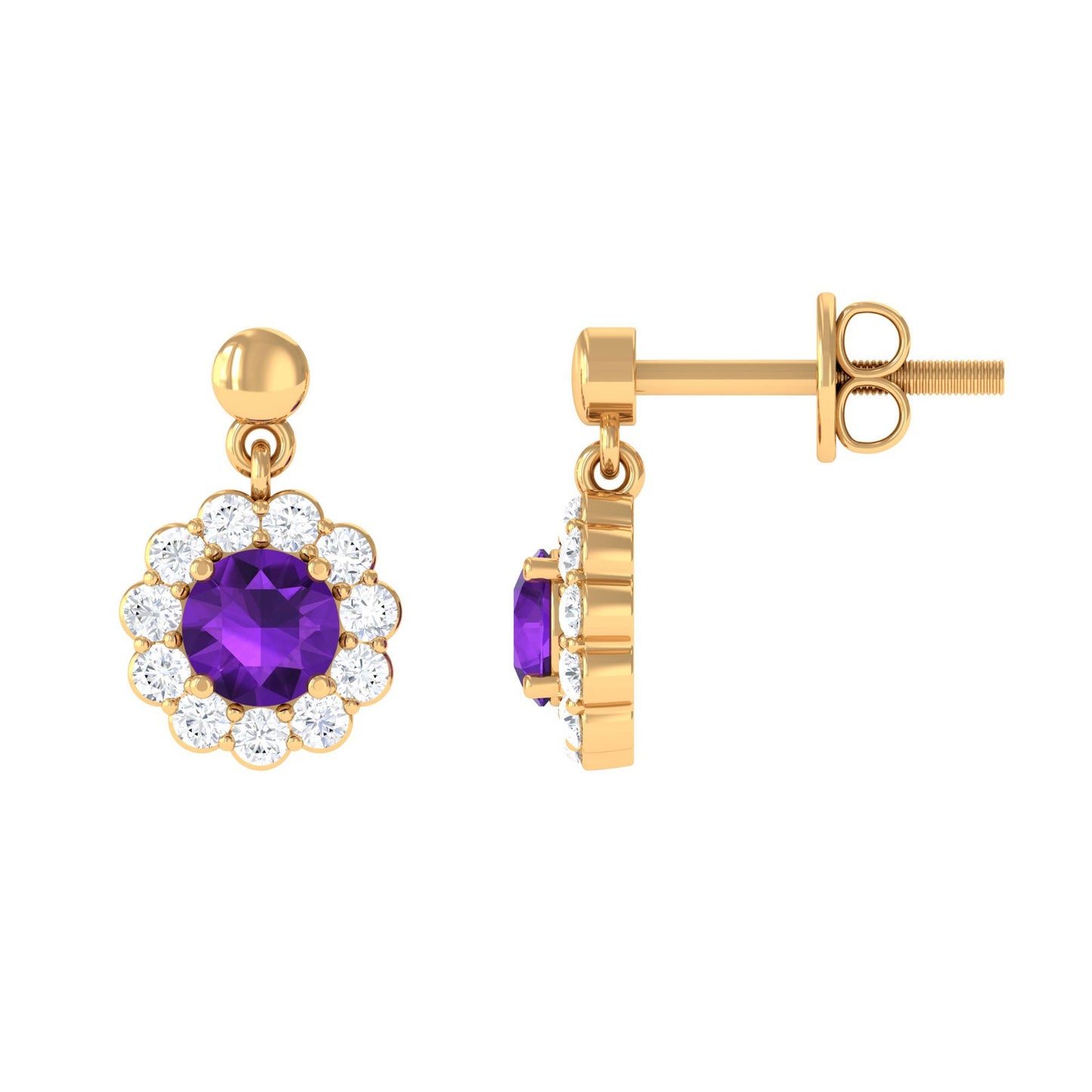 0.9 Carat Real Amethyst and Diamond Flower Halo Drop Earrings