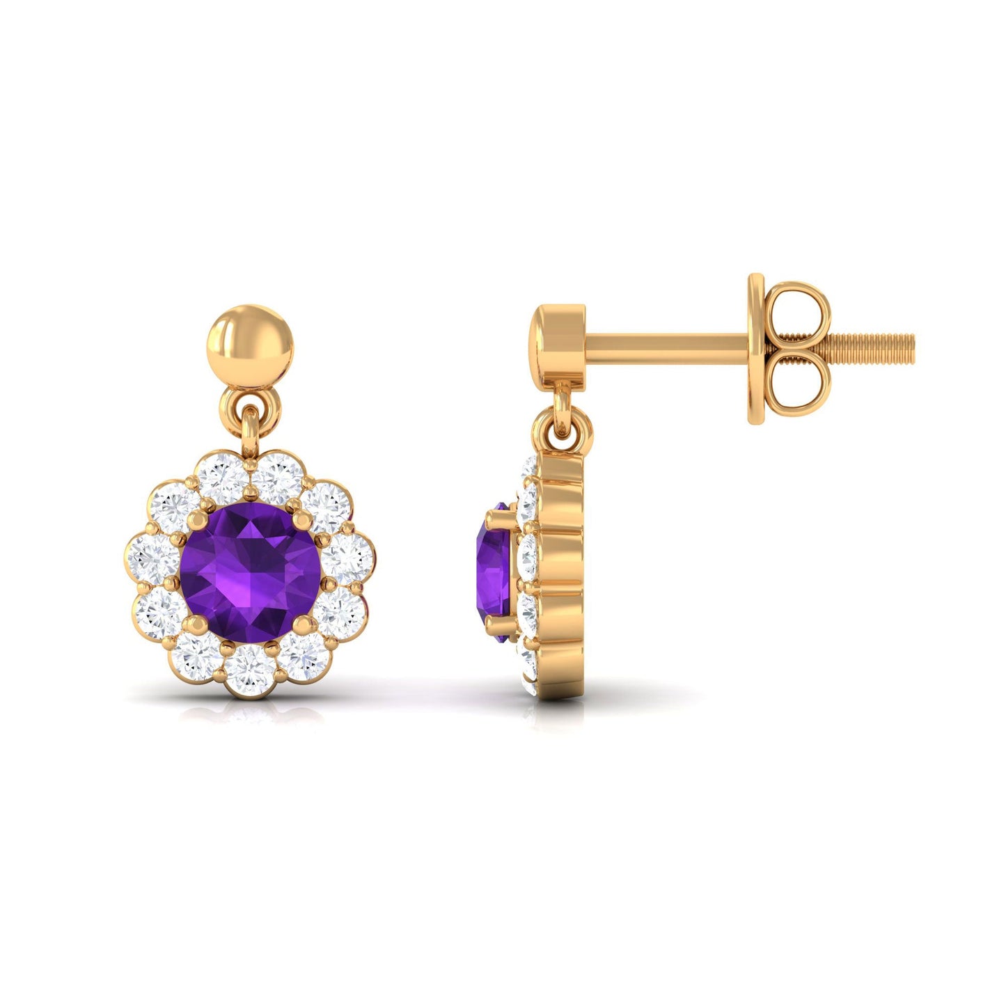 0.9 Carat Real Amethyst and Diamond Flower Halo Drop Earrings