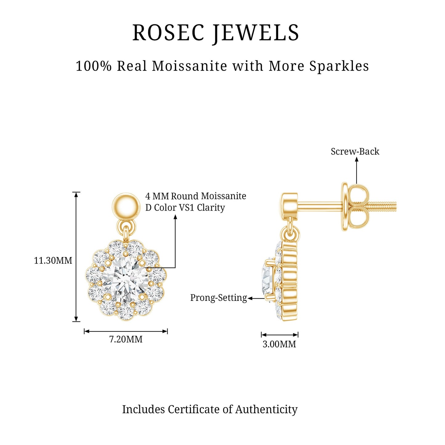 Certified Moissanite Flower Halo Drop Earrings