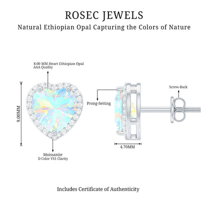Natural Ethiopian Opal Heart Stud Earrings with Halo