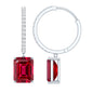 Emerald Cut Lab Created Ruby and Diamond Hoop Drop Earrings