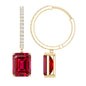 Emerald Cut Lab Created Ruby and Diamond Hoop Drop Earrings