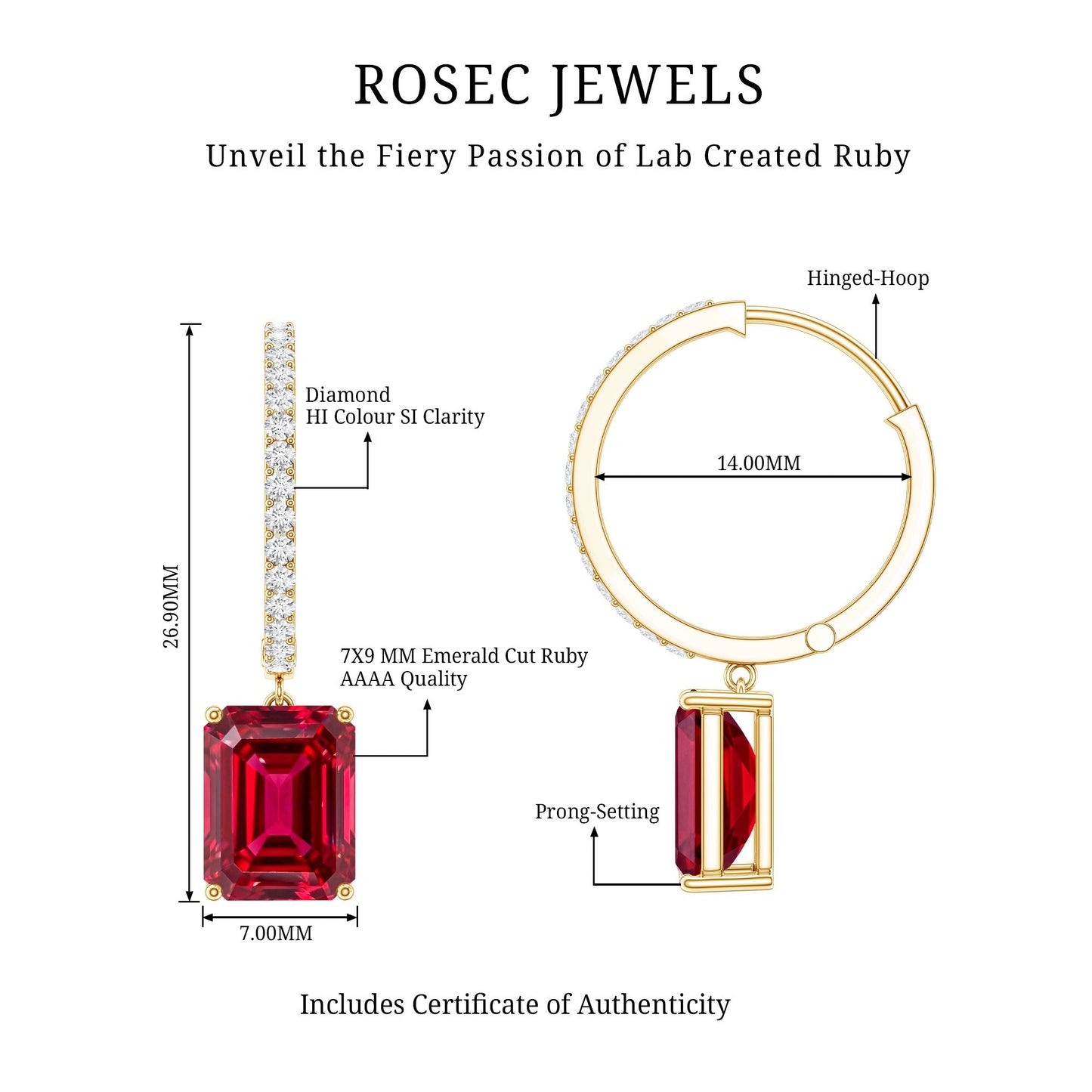 Emerald Cut Lab Created Ruby and Diamond Hoop Drop Earrings