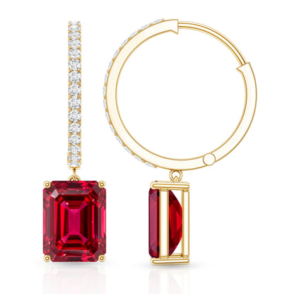 Emerald Cut Lab Created Ruby and Diamond Hoop Drop Earrings