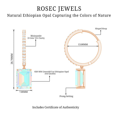 Genuine Emerald Cut Ethiopian Opal Drop Hoop Earrings