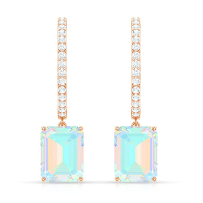 Genuine Emerald Cut Ethiopian Opal Drop Hoop Earrings