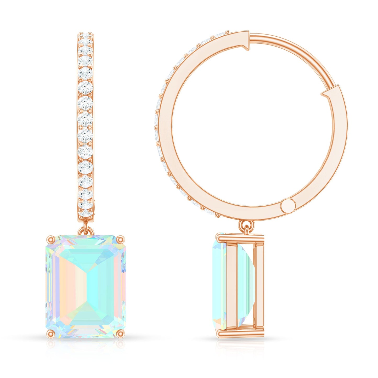 Genuine Emerald Cut Ethiopian Opal Drop Hoop Earrings