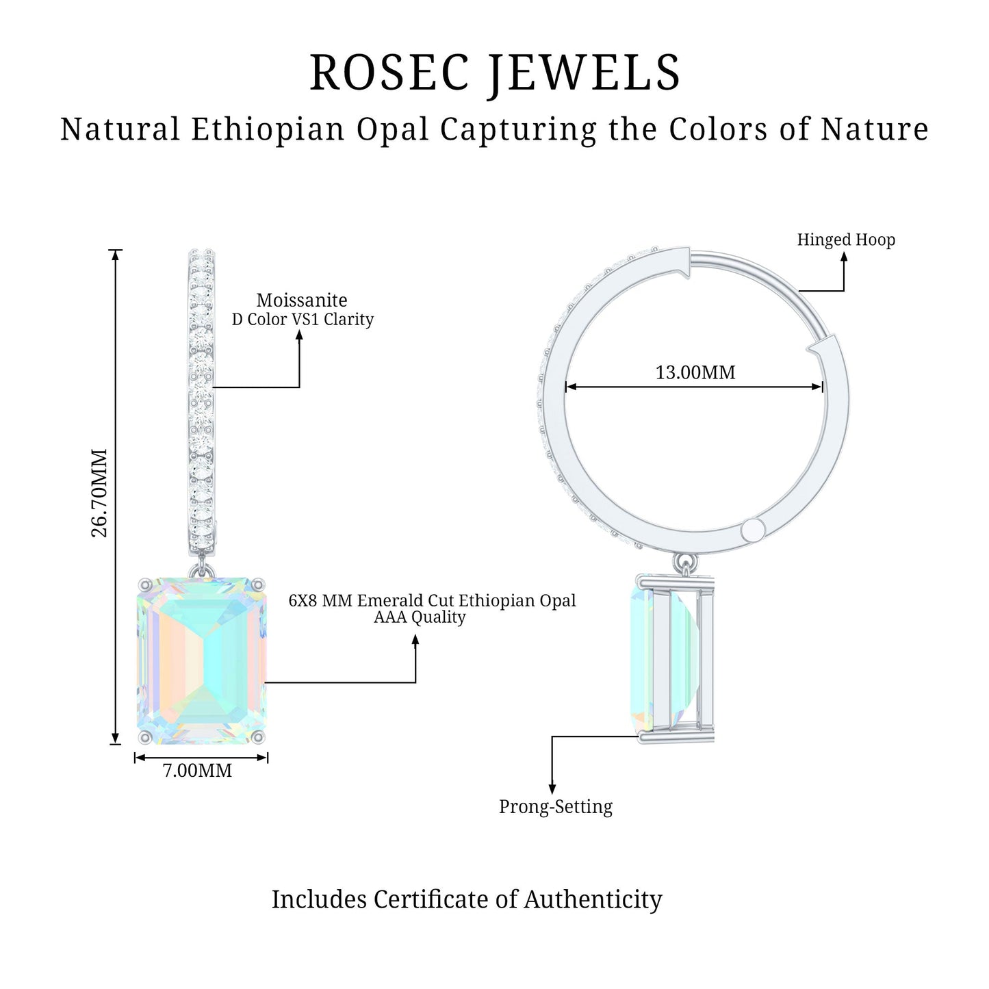 Genuine Emerald Cut Ethiopian Opal Drop Hoop Earrings