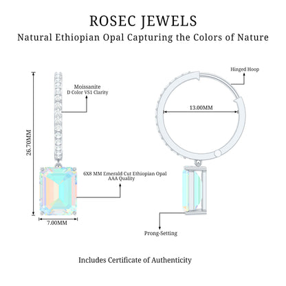 Genuine Emerald Cut Ethiopian Opal Drop Hoop Earrings