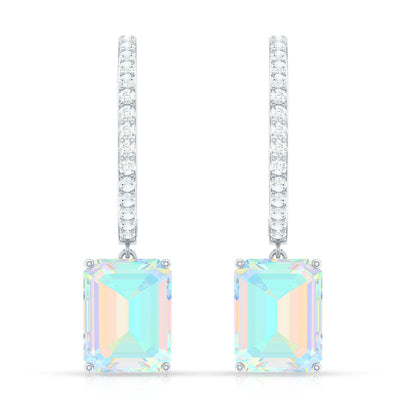 Genuine Emerald Cut Ethiopian Opal Drop Hoop Earrings