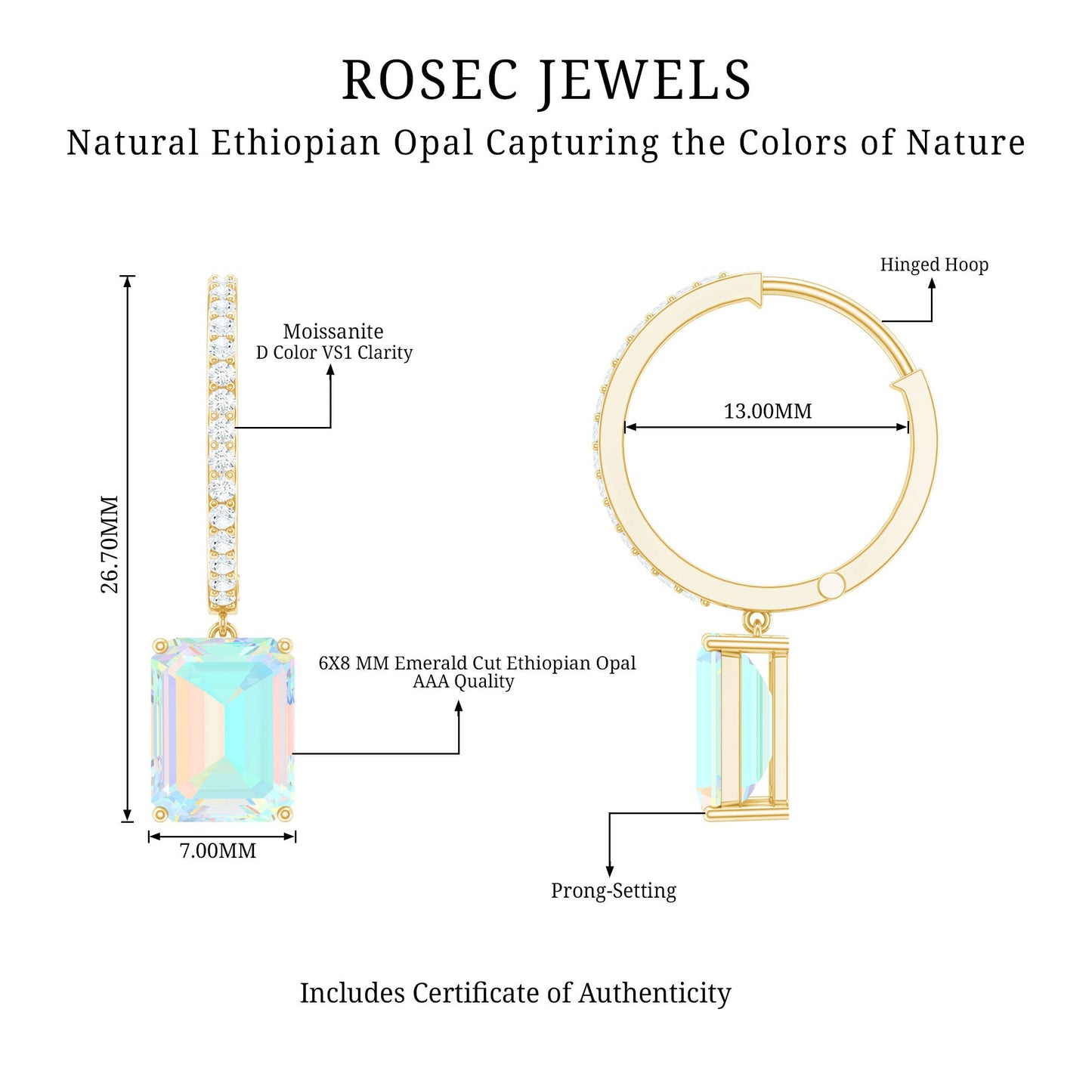 Genuine Emerald Cut Ethiopian Opal Drop Hoop Earrings