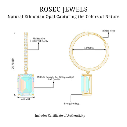 Genuine Emerald Cut Ethiopian Opal Drop Hoop Earrings