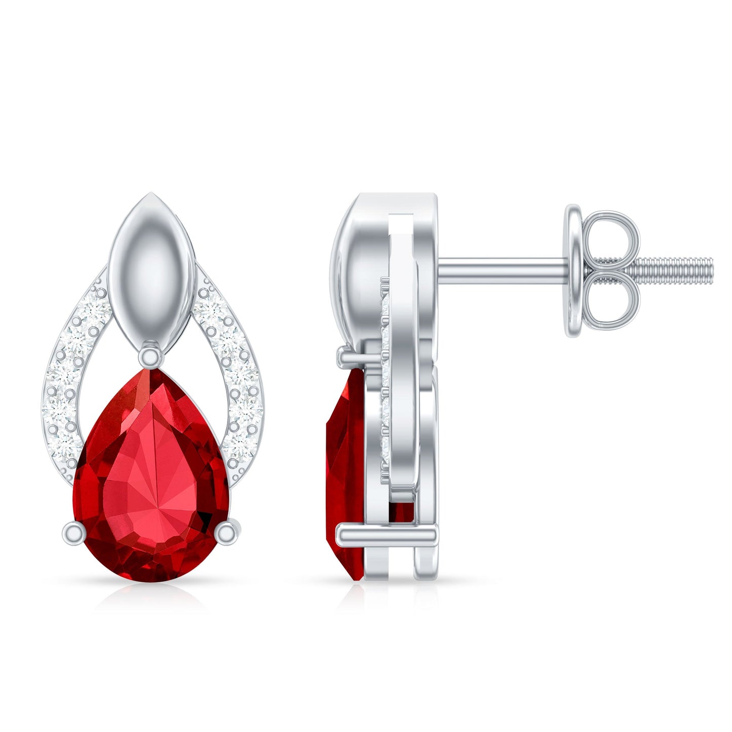 Pear Shaped Lab Created Ruby and Diamond Teardrop Stud Earrings